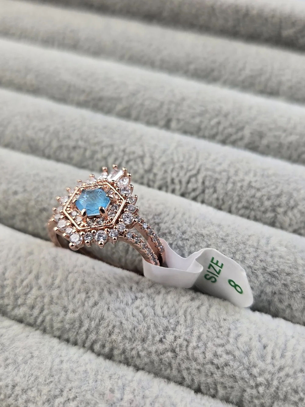 Size 8 Blue Topaz Rose Gold Tone Bomb Party Ring